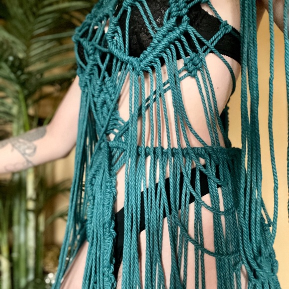 Handmade Macramé Bondage Dress Teal Blue Crochet Cut Out Distressed - Picture 7 of 16